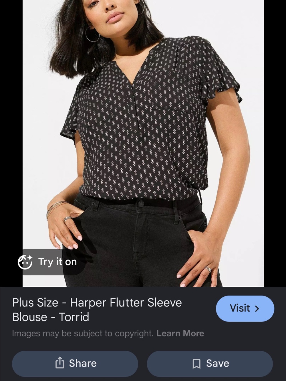torrid Black V-Neck Flutter Sleeve Blouse with White Motif